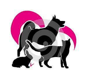 Black silhouettes of cat, dog and rabbit on the background of Ma