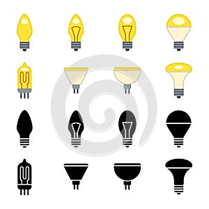 Black silhouettes and colorful light bulbs icons isolated on white