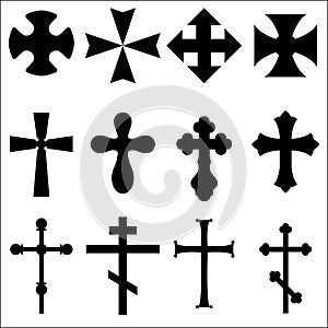 Black Silhouettes of crosses: Catholic, Christian, Celtic, pagan