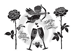 Black silhouettes of Cupid, clinking glasses of champagne, heart pierced by arrow, Happy Valentines Day text
