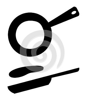 Black silhouettes. Flying pancakes and frying pan. Flat vector illustration isolated on white background. Breakfast icon