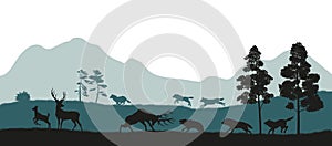 Black silhouettes of forest animals. Flock of wolves hunts a deer. Isolated landscape. Wildlife scene