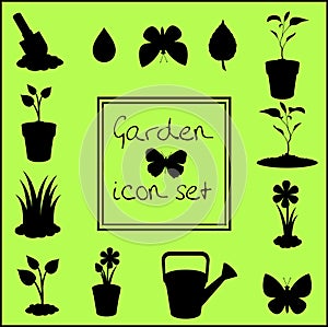 Black silhouettes of garden icons set isolated on green