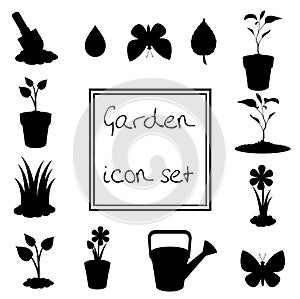 Black silhouettes of garden icons set isolated on white