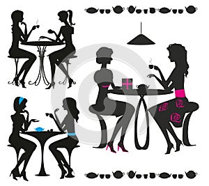 Black silhouettes of girls in cafe