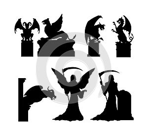Black silhouettes of gothic statues. Medieval architecture. Cathedral sculpture. Cemetery memorial. Halloween symbol