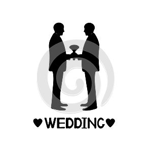 Black silhouettes of grooms, hearts and word wedding. Same-sex m