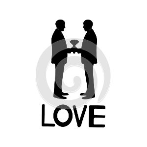 Black silhouettes of grooms and word love. Same-sex marriage.