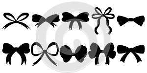 Black Silhouettes of Hand Drawn Ribbon Bows. Versatile Shapes for Elegant Decorations. Big Set of Bowties for Creative