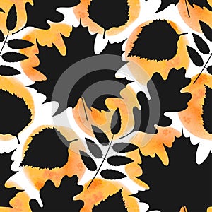 Black silhouettes of leaves of oak, maple, birch, rowan and orange watercolor stains on white.  Seamless floral pattern. Vector. P