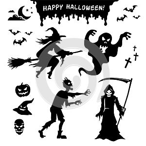 Black silhouettes of monsters and creatures for Halloween