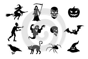 Black silhouettes of monsters and creatures for Halloween in vector set