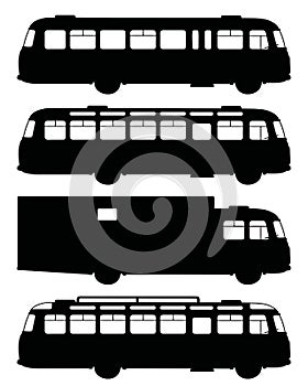 Black silhouettes of old buses