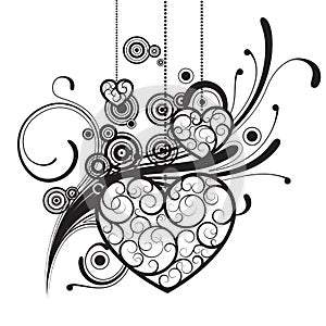 Black silhouettes with ornamental hearts and decorative elements isolated on white