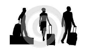 Black Silhouettes of people with luggage. Men with a suitcase. A woman with a suitcase.