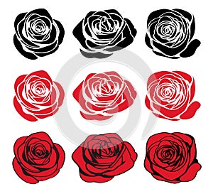 Black silhouettes rose flowers inflorescence, red silhouettes and red rose wiht black outlines isolated on white