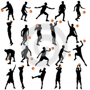 Black silhouettes set of men playing basketball on a white background