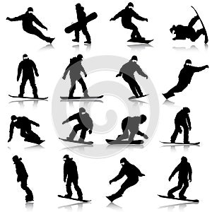 Black silhouettes set snowboarders on white