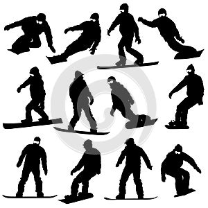 Black silhouettes set snowboarders on white