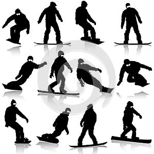 Black silhouettes set snowboarders on white