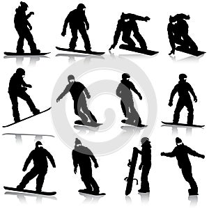 Black silhouettes set snowboarders on white