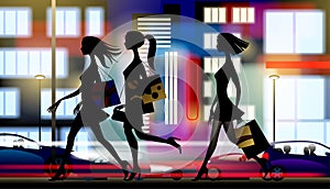 Black silhouettes of shopping girls against a illuminated night city