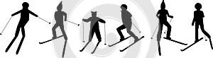 Black silhouettes of skiing people: man; woman; child. Winter sport games.