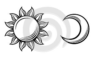Black silhouettes of the sun and the moon. Vector