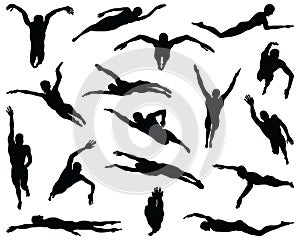 Black silhouettes of swimmers