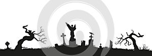 Black silhouettes of tombstones, crosses and gravestones. Elements of cemetery. Graveyard panorama