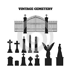 Black silhouettes of tombstones, crosses and gravestones. Elements of cemetery