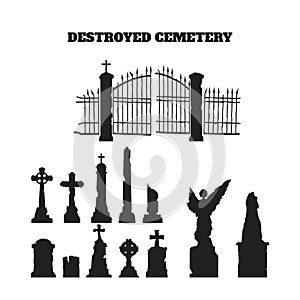 Black silhouettes of tombstones, crosses and gravestones. Elements of cemetery photo