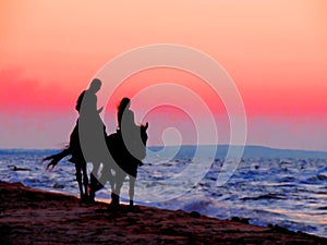 Black silhouettes in the twilight sunset light of horses and a girl with a man riders on the seashore, romantic date