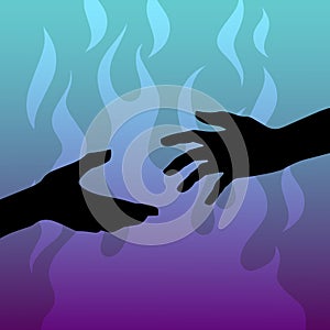 Black silhouettes of two hands on the blue fire background