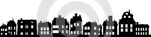 Black Silhouettes of village houses with windows. Horizontal seamless composition. Small city houses residential