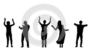 Black silhouettes of a young woman and man dancing, waving and clapping. 5 in 1 Collage full length on white background