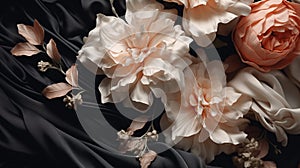 Black silk drapery with flowers. Floral elegant background with fabric and beige peonies flowers for design
