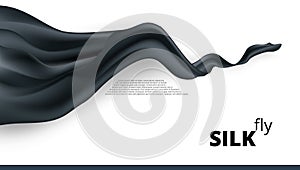 Black Silk Fabric Flying On Gray. Banner Template