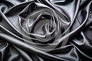 Black silk satin surface. Dark elegant background with space for design. Text or product. Table top view. Flat lay. Template. photo