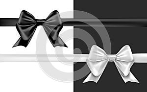 Black silver bow on white background greeting card. Ralistic black ribbon bow. Celebration decoration