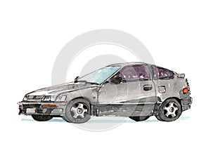 Black and silver classic Honda Civic CRX Ballade car handmade watercolor illustration