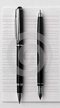 A black and silver fountain pen sitting on top of a lined piece of paper, AI