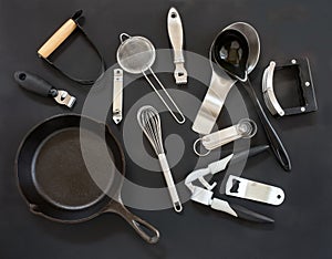 Black and Silver Kitchenware on Black Background