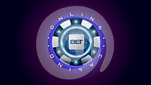 Black silver poker chip vector online casino logo, neon led light backlight and gray CPU. Blackjack digital tournament emblem