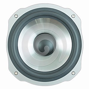 Black and silver speaker isolated on white background. Speaker woofer close up.