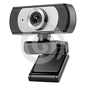 Black and silver webcam with adjustable mount on white background camera video