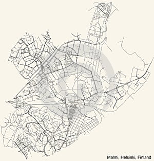 Street roads map of the Malmi Malm neighbourhood of Helsinki, Finland