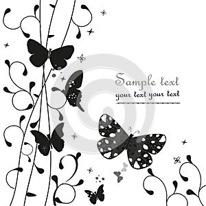 Black simple floral ornamental greeting card with butterfly vector