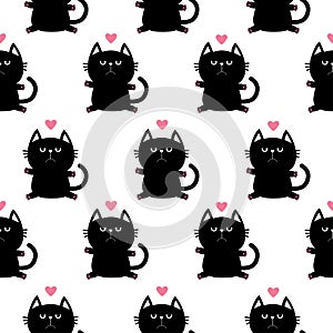 Black sitting cat head with paw print and little pink heart. Cute cartoon character. Baby pet collection. Seamless Pattern