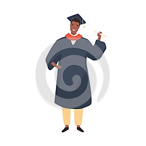 Black skin male graduate student demonstrate degree certificate vector flat illustration. Smiling african academic man